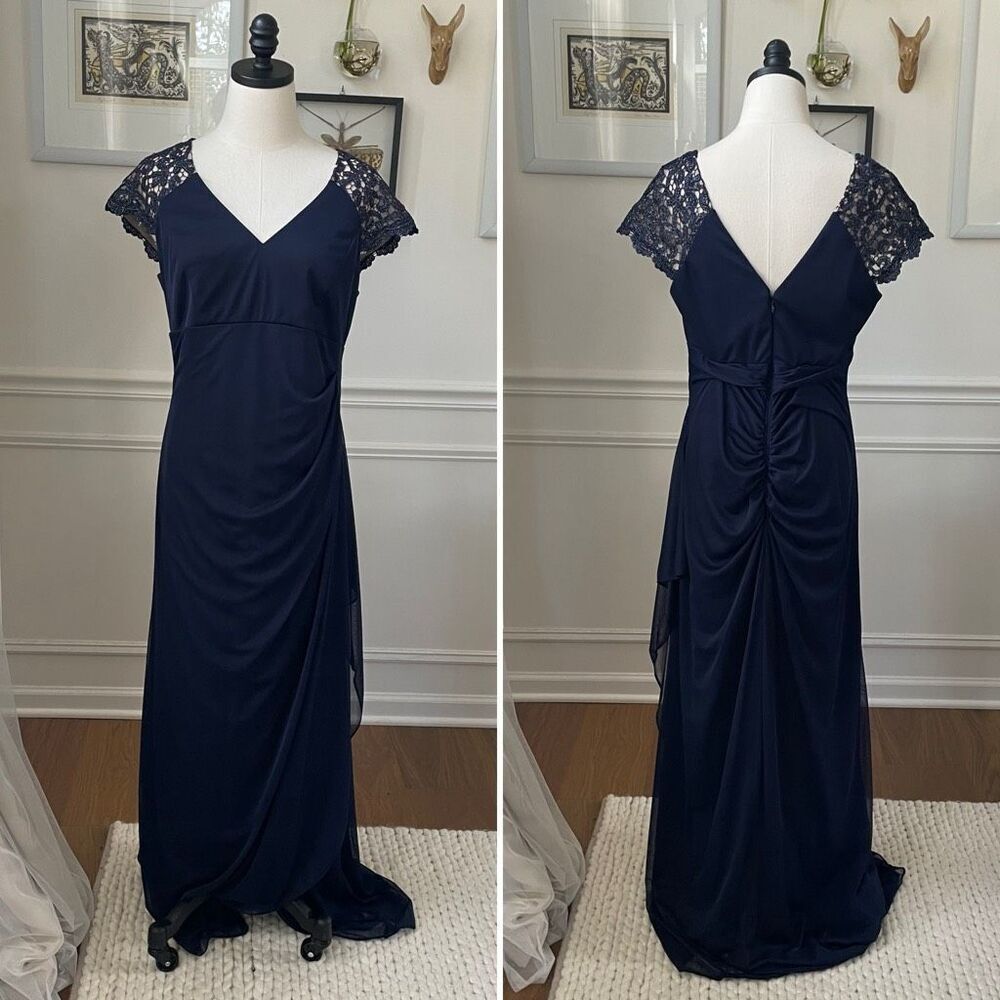 DJ Jaz Navy Dark Blue Lace Cap Sleeve Formal Gown Dress 14